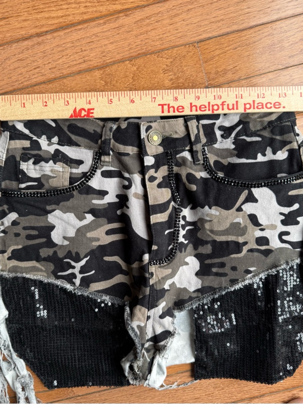 Upcycled Camo Sequin Cutoff Shorts | Festival Grunge Rock | Distressed Reworked